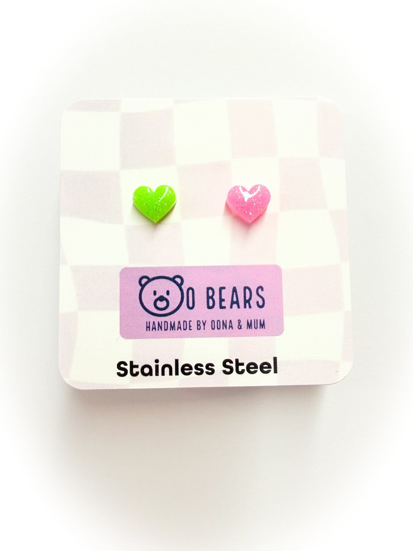 Green & Pink Heart Studs